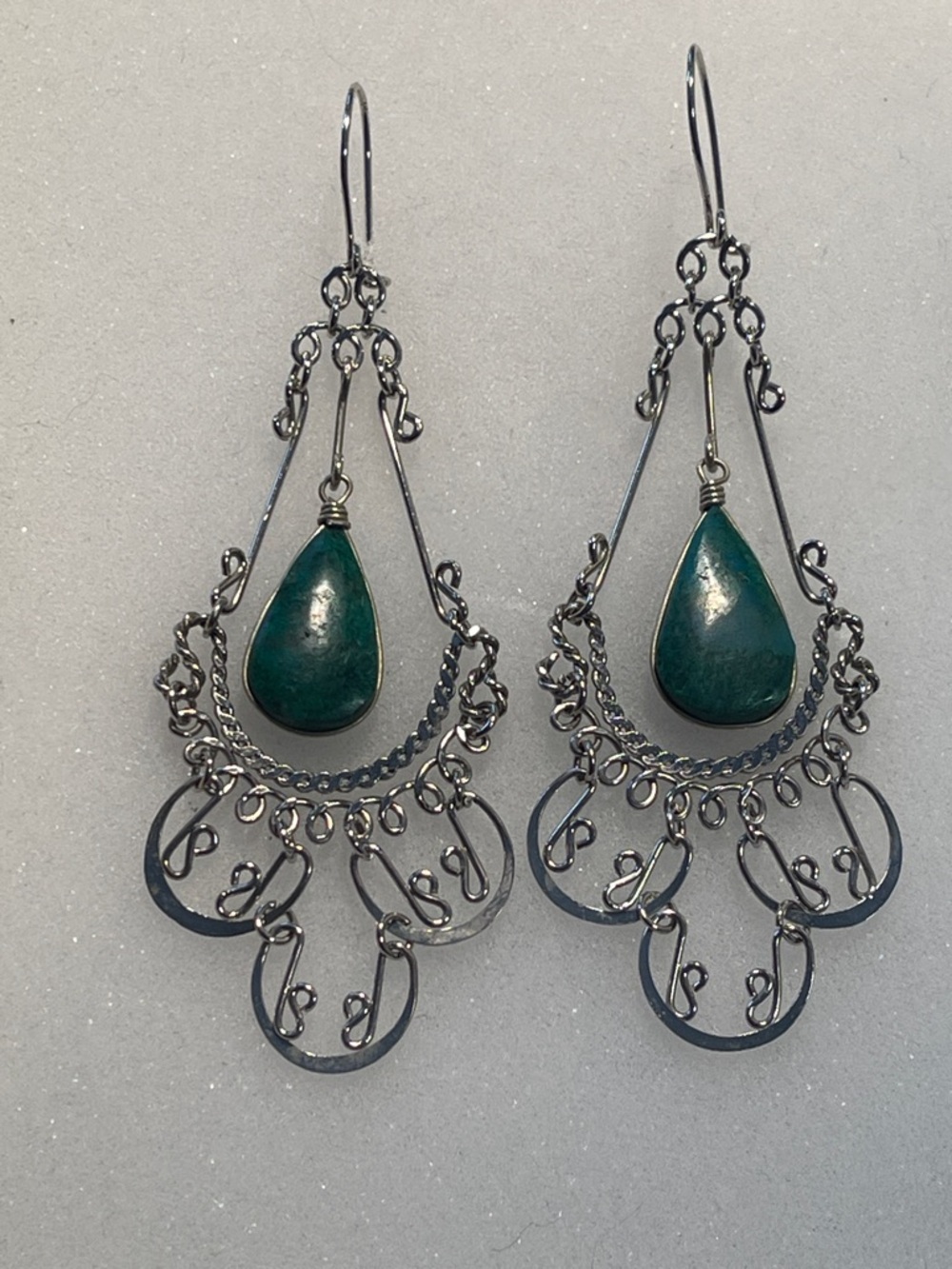 Boho teardrop-shaped wire-wrapped chrysocolla in 3” filigree dangle earrings